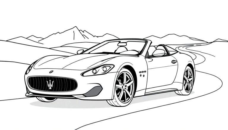 Placa de color de un coche deportivo Maserati descapotable en una carretera de montaña.