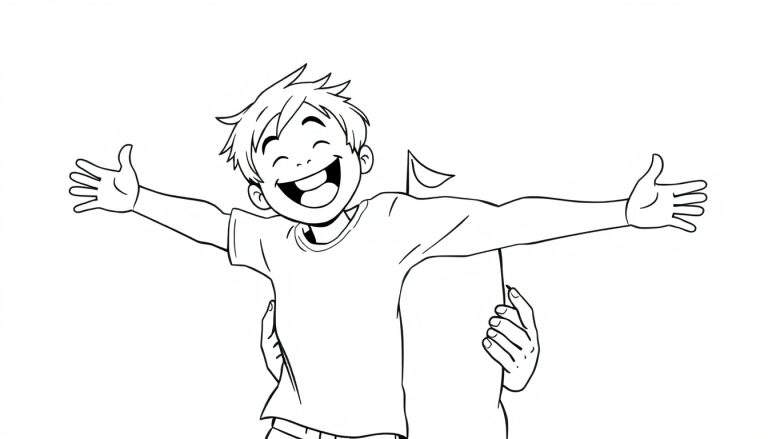 Un niño sonriente con los ojos cerrados y los brazos abiertos, sostenido por manos detrás de él, en un dibujo lineal en blanco y negro de la placa de color.