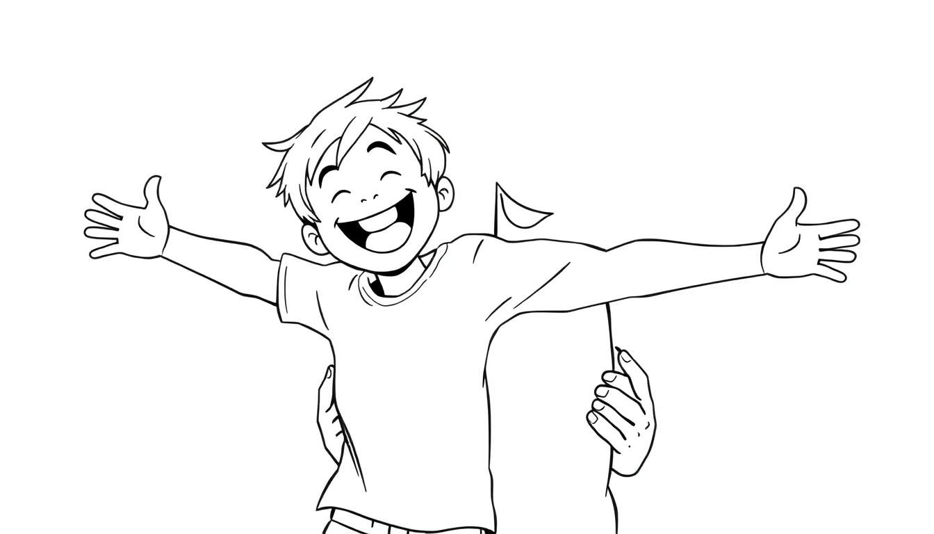 Un niño sonriente con los ojos cerrados y los brazos abiertos, sostenido por manos detrás de él, en un dibujo lineal en blanco y negro de la placa de color.