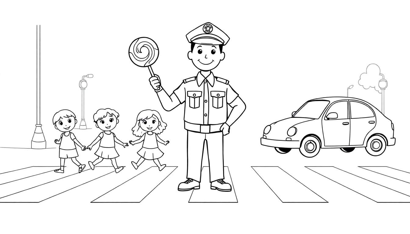 Ilustración en blanco y negro de un policía con una paleta de colores, dirigiendo el tráfico en un paso de peatones con niños cruzando.