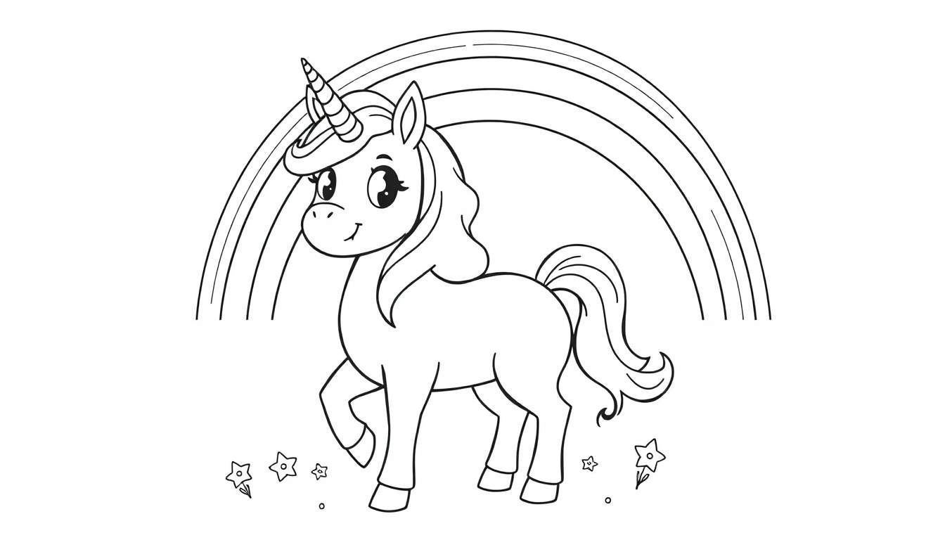Placa de color de un unicornio amigable frente a un arcoíris.