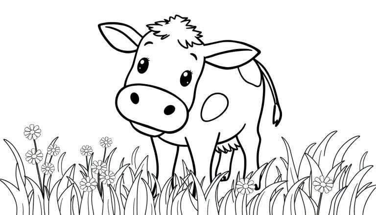 Una vaca lista para colorear en un campo, placa de color.