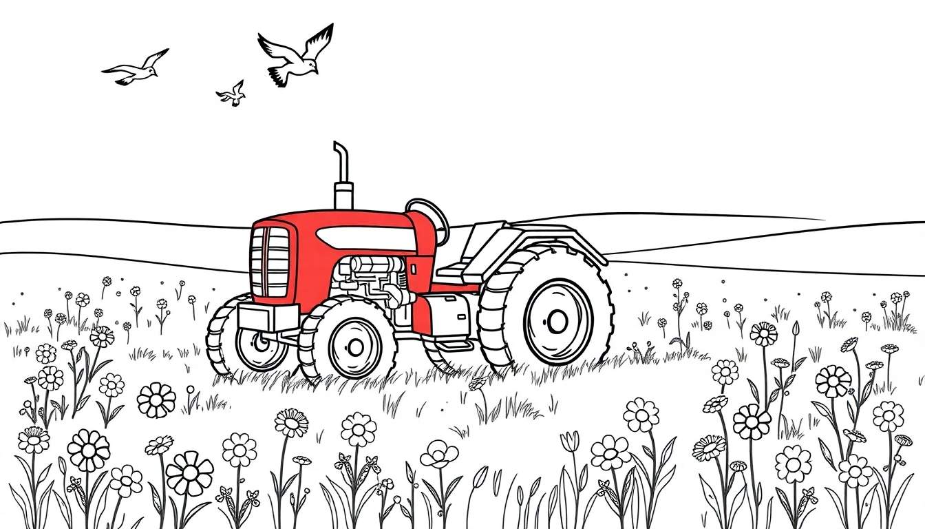 Un tractor rojo trabajando en un campo lleno de flores de colores y con pájaros volando en el cielo.