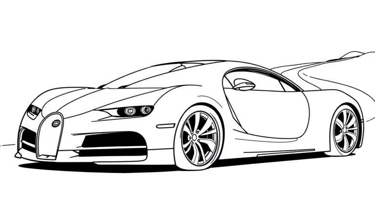 Un Bugatti deportivo para colorear, con líneas negras y blancas, listo para recibir una placa de color.