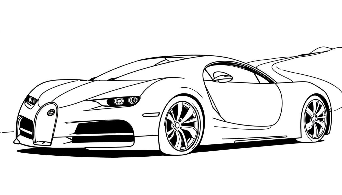 Un Bugatti deportivo para colorear, con líneas negras y blancas, listo para recibir una placa de color.