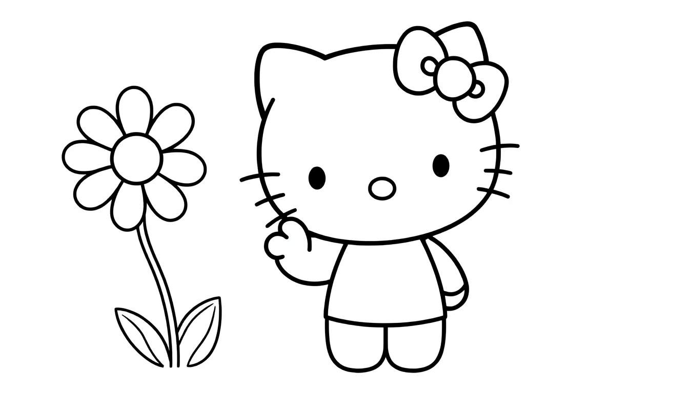 Hello Kitty saludando junto a una flor, lista para colorear en esta placa de color.