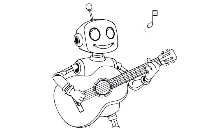 Un robot simpático tocando la guitarra en una placa de color.