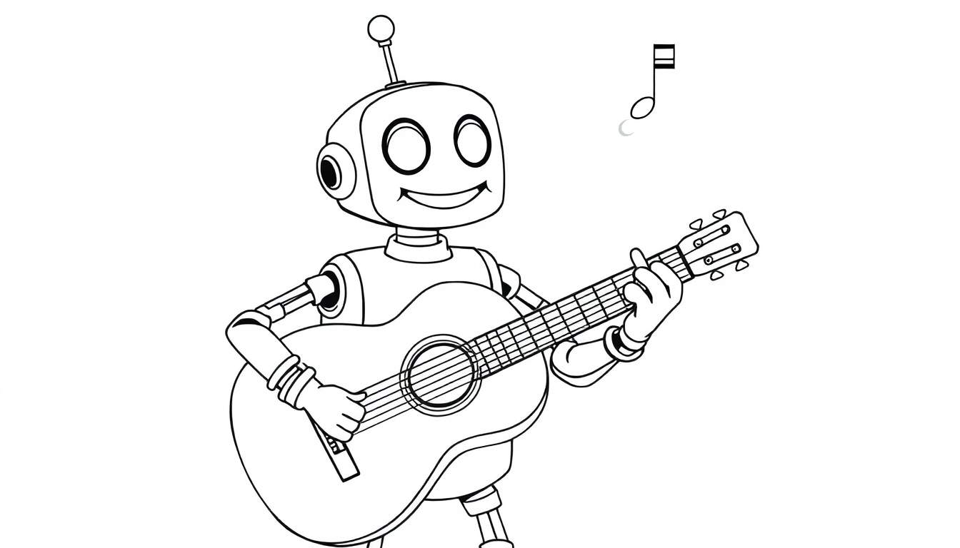 Un robot simpático tocando la guitarra en una placa de color.