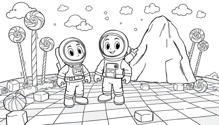 Un astronauta solitario en un planeta de dulces, listo para ser coloreado, sin colores visibles en la placa de color.