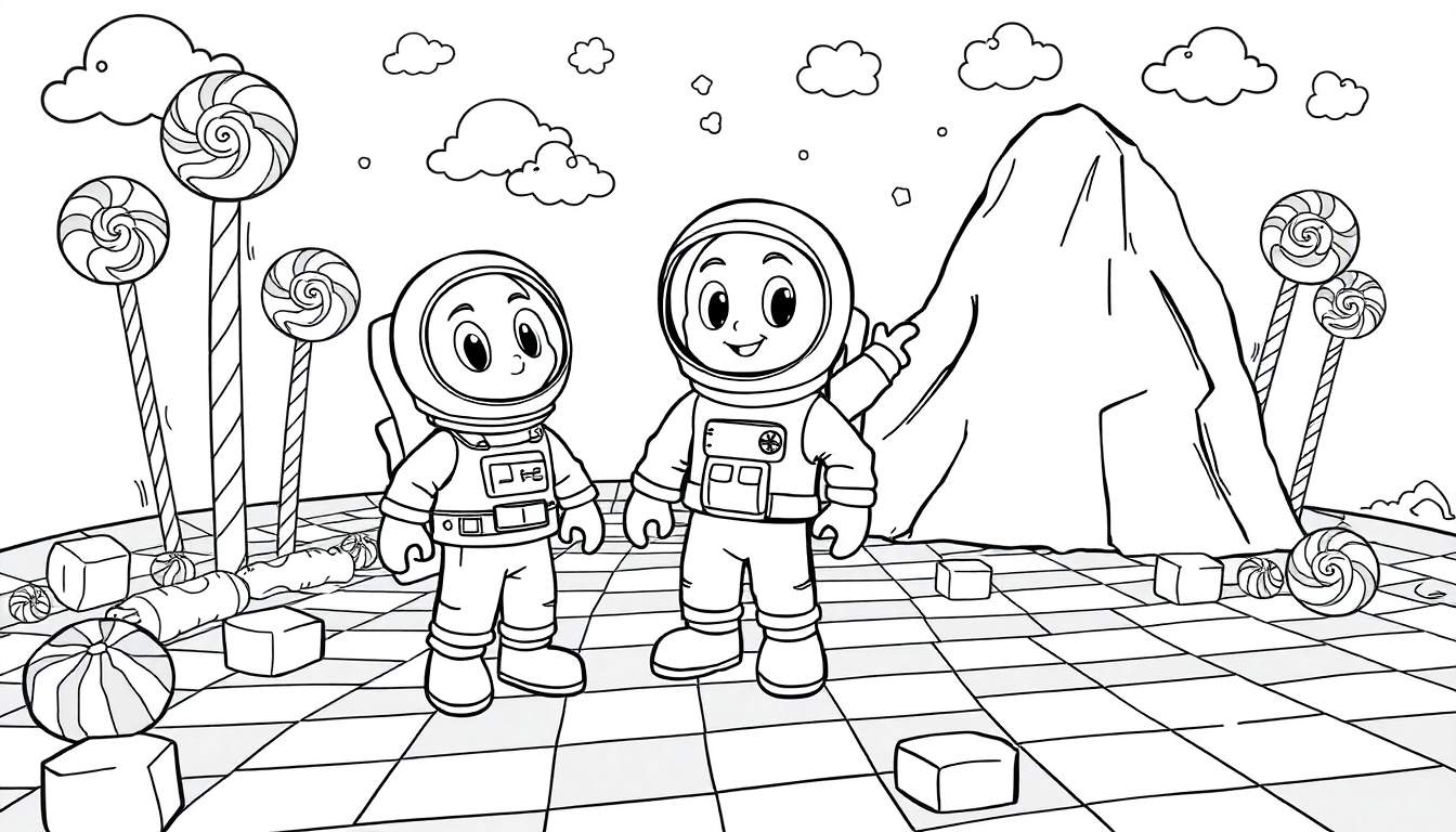 Un astronauta solitario en un planeta de dulces, listo para ser coloreado, sin colores visibles en la placa de color.