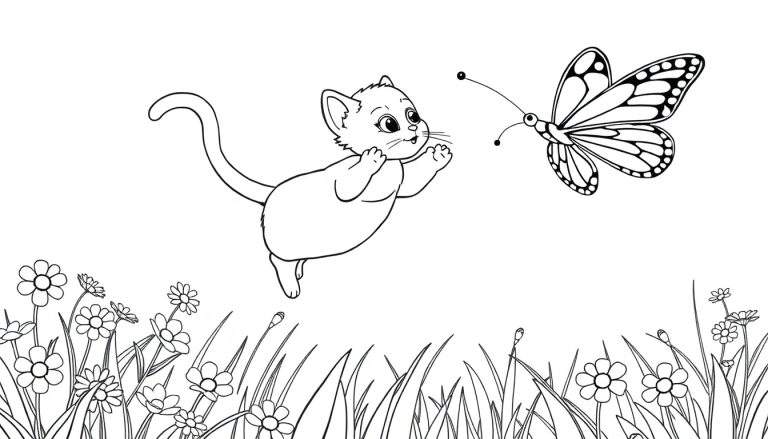 Un gatito saltando tras una mariposa en un prado, ideal para una placa de color.