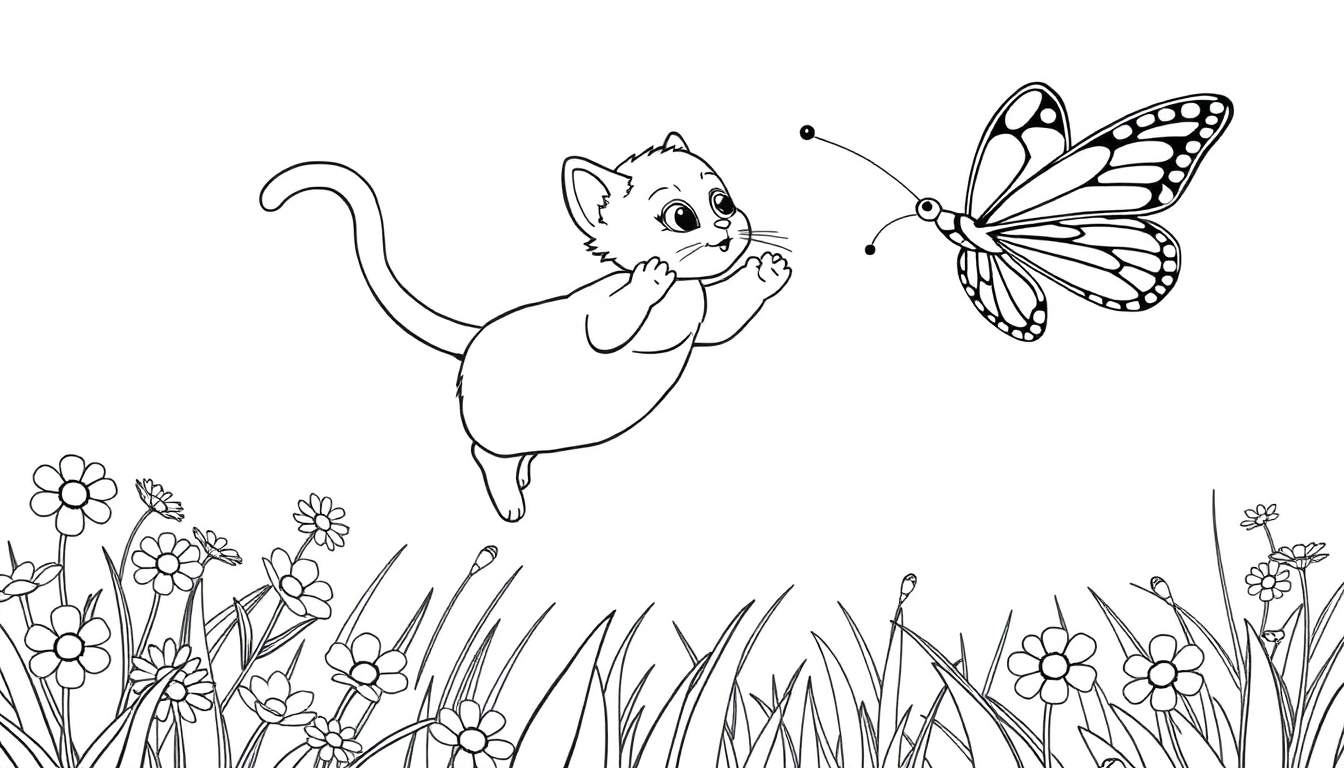 Un gatito saltando tras una mariposa en un prado, ideal para una placa de color.