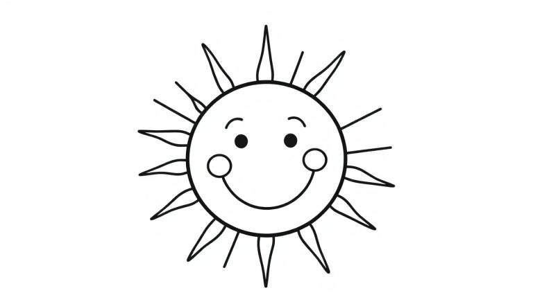 Placa de color de un sol sonriente y amigable en blanco y negro, listo para colorear con rayos radiantes.
