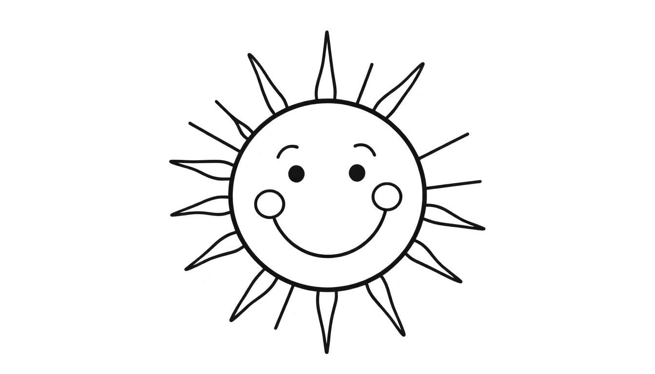 Placa de color de un sol sonriente y amigable en blanco y negro, listo para colorear con rayos radiantes.