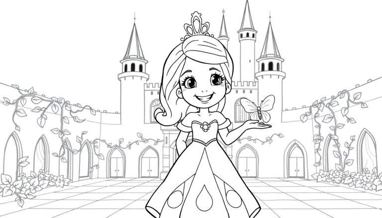 Placa de color de una princesa de dibujos animados sonriendo con una mariposa en su mano frente a un castillo.