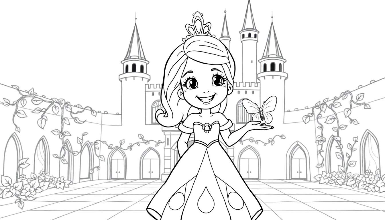Placa de color de una princesa de dibujos animados sonriendo con una mariposa en su mano frente a un castillo.