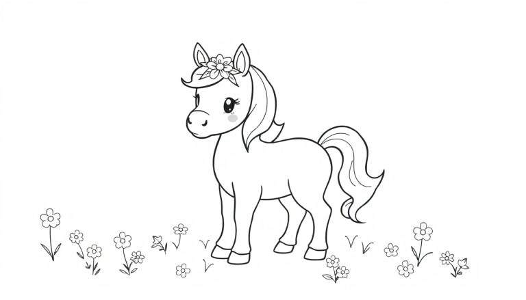 Placa de color de un pony de dibujos animados con una corona de flores.