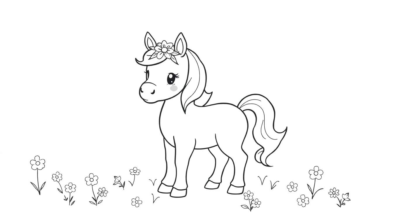 Placa de color de un pony de dibujos animados con una corona de flores.