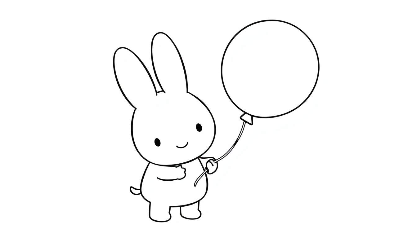 Ilustración lineal de un conejito adorable sosteniendo un globo rojo, listo para ser coloreado.