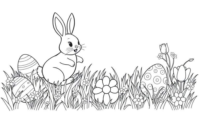 Placa de color de un conejito de Pascua sentado en un campo con huevos de Pascua decorados y flores.