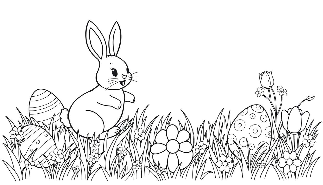 Placa de color de un conejito de Pascua sentado en un campo con huevos de Pascua decorados y flores.