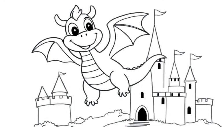 Placa de color de un dragón sonriente con alas extendidas frente a un castillo con torres.