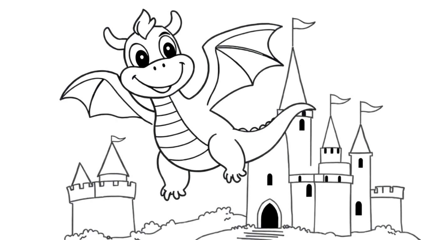 Placa de color de un dragón sonriente con alas extendidas frente a un castillo con torres.