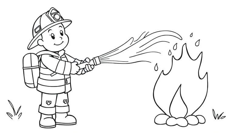 Placa de color de un niño bombero sonriente apagando un fuego con una manguera.