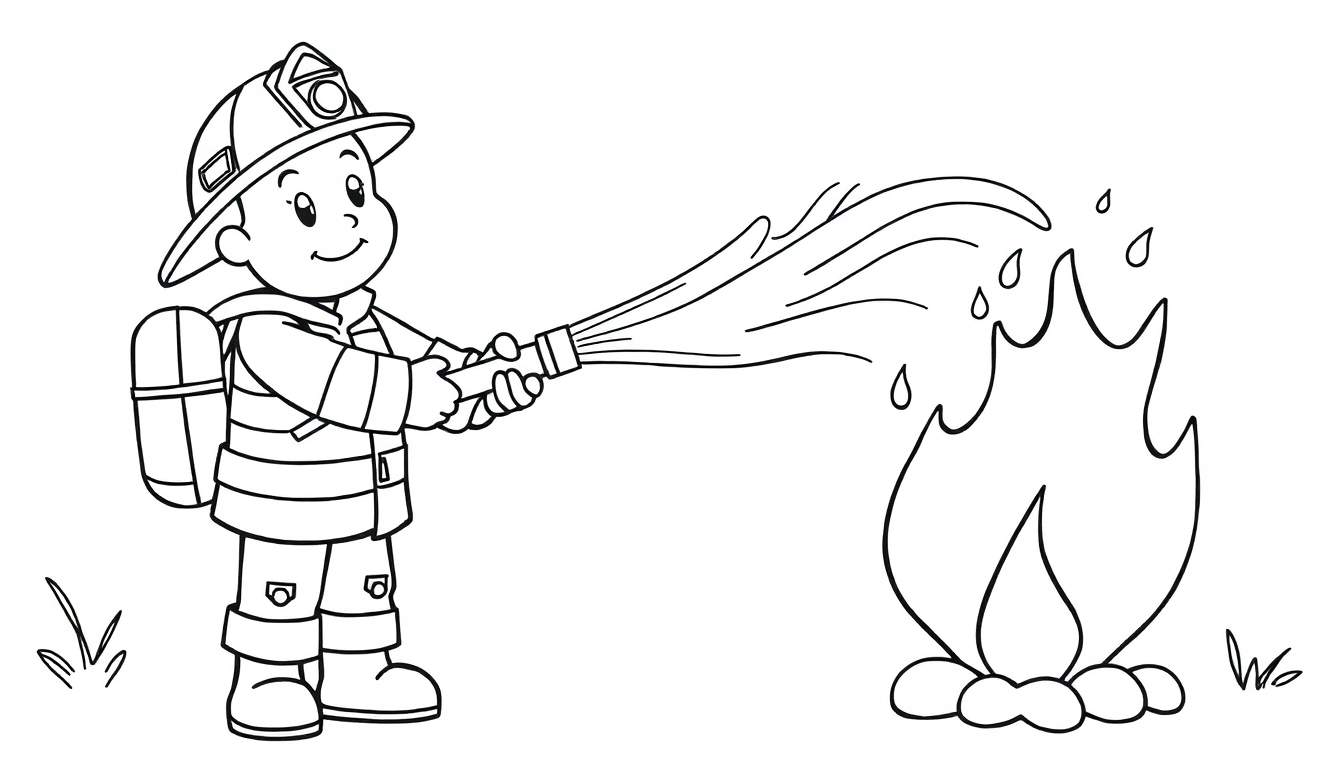 Placa de color de un niño bombero sonriente apagando un fuego con una manguera.