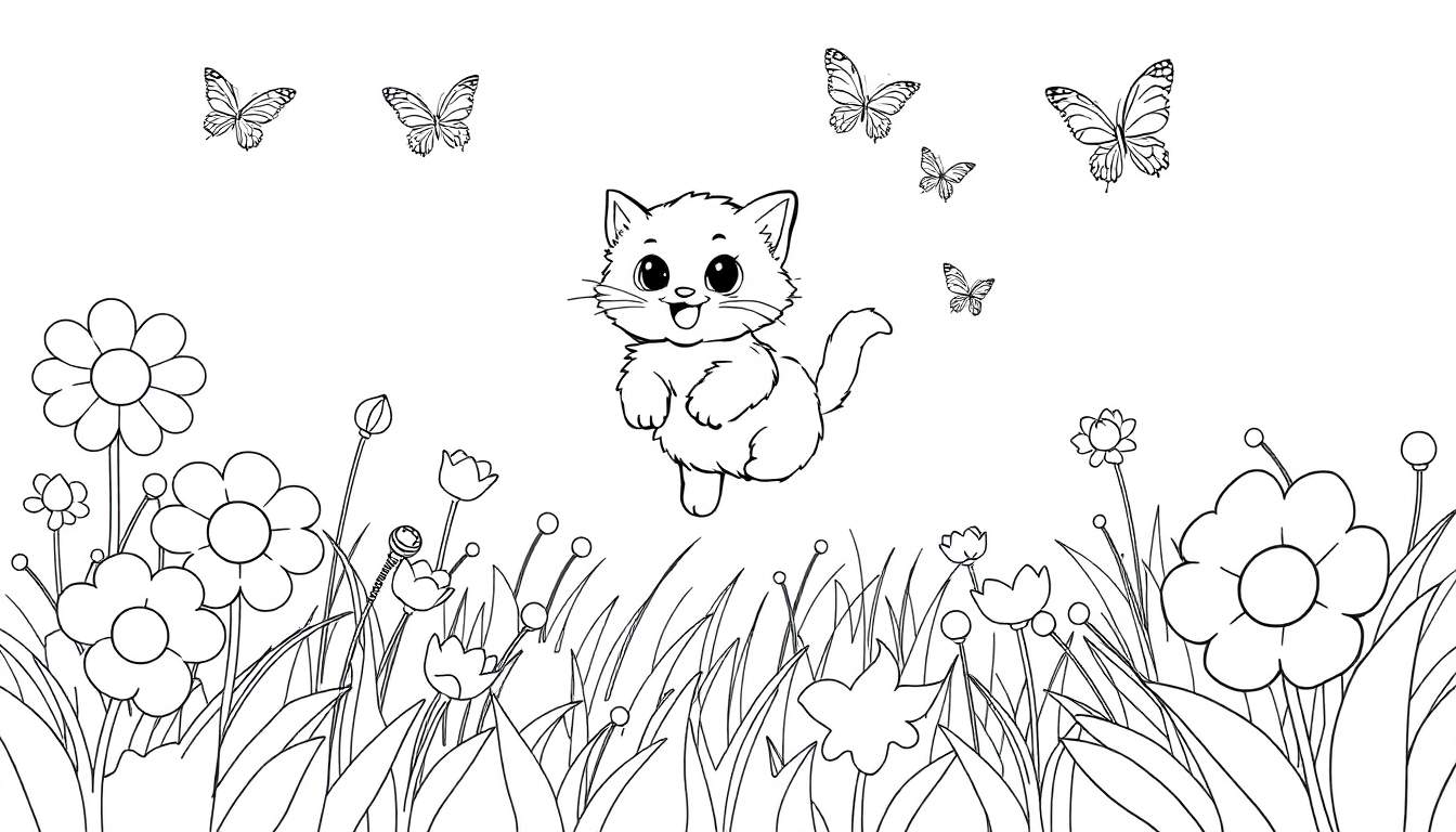 Placa de color: un gato de dibujos animados persiguiendo mariposas entre flores.