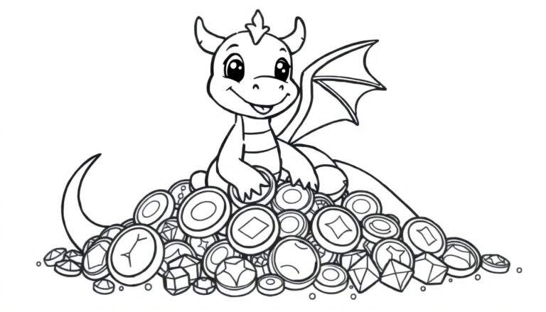 Placa de color de un dragón amigable con tesoro.