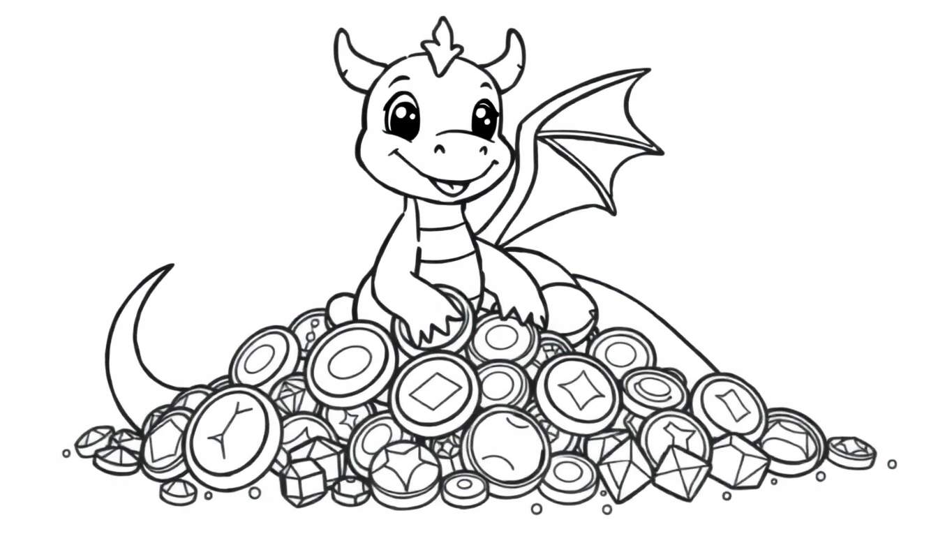 Placa de color de un dragón amigable con tesoro.