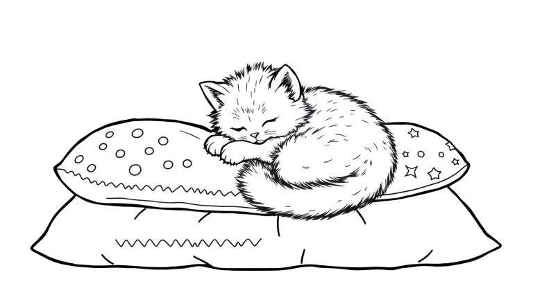 Placa de color: Gatito durmiendo sobre almohadas con patrones.