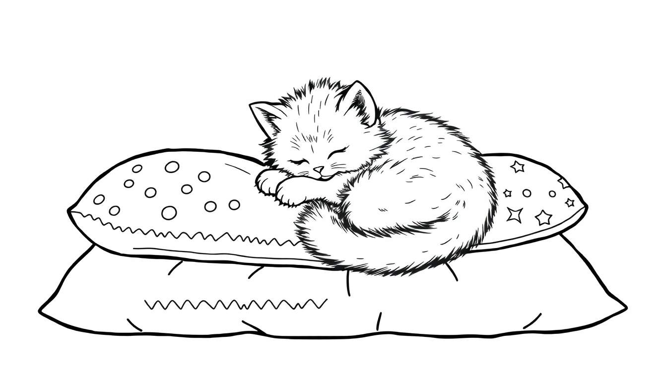 Placa de color: Gatito durmiendo sobre almohadas con patrones.