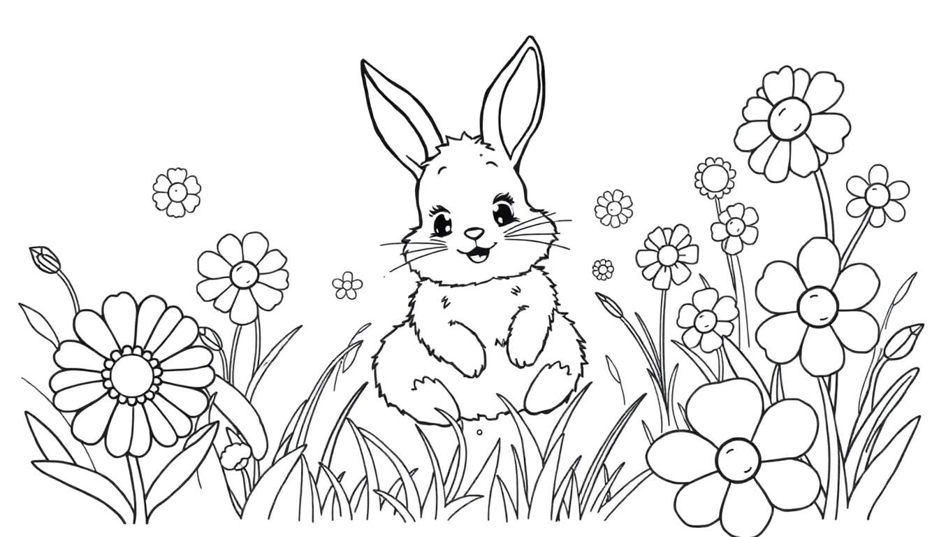 Un conejito de dibujo lineal en blanco y negro sentado en un campo de flores y hierba.