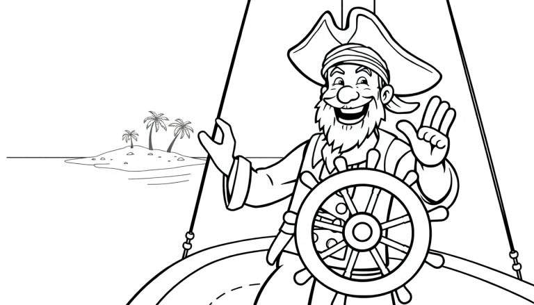 Placa de color: Un pirata sonriente con sombrero, barba y saludo con la mano, sosteniendo el timón de un barco con una isla tropical al fondo.