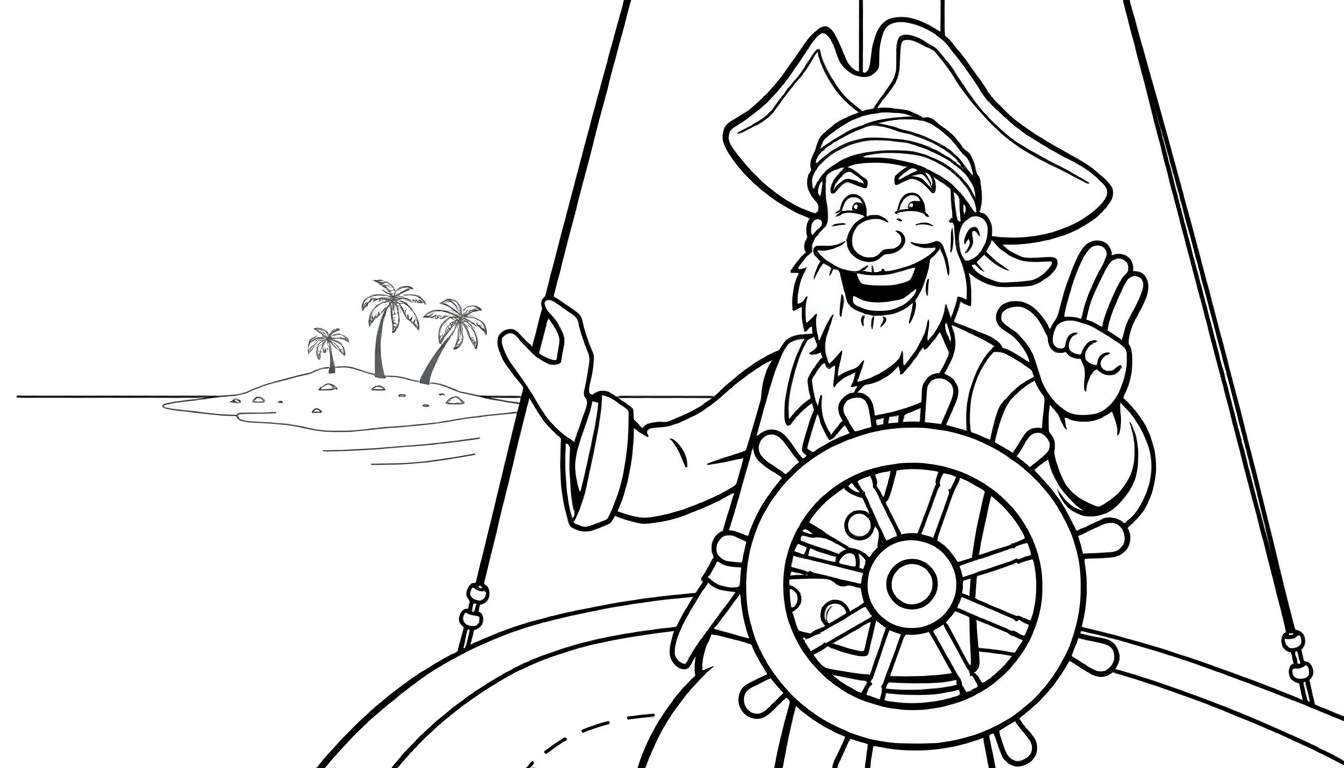 Placa de color: Un pirata sonriente con sombrero, barba y saludo con la mano, sosteniendo el timón de un barco con una isla tropical al fondo.