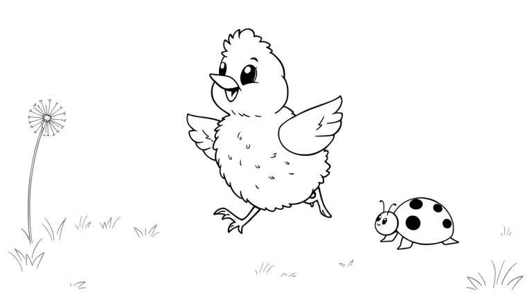 Placa de color de un pollito feliz corriendo junto a una mariquita y un diente de león en un campo de hierba.