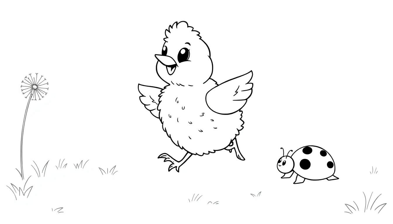 Placa de color de un pollito feliz corriendo junto a una mariquita y un diente de león en un campo de hierba.
