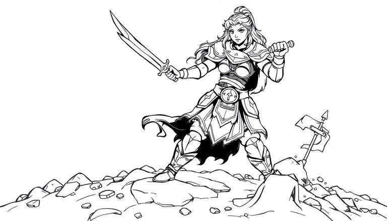 Mulán, la valiente guerrera, lista para la acción con su armadura y espada, una placa de color que la hace destacar.