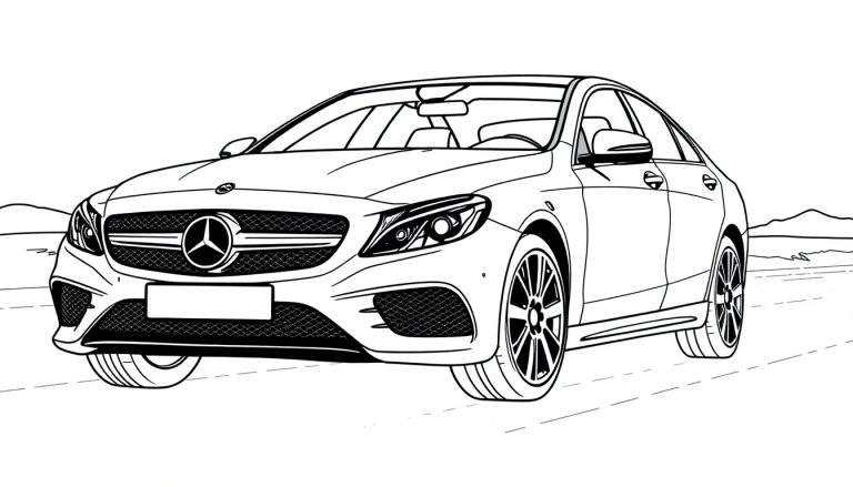Un coche Mercedes-Benz para colorear con una placa de color imaginaria en la carretera.