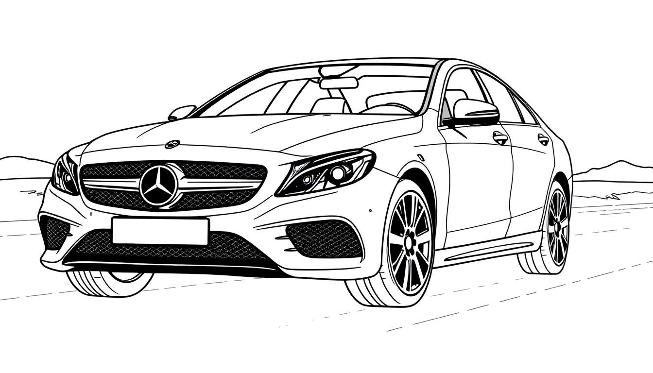 Un coche Mercedes-Benz para colorear con una placa de color imaginaria en la carretera.