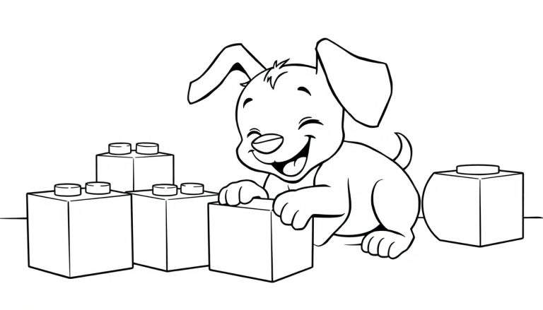 Un cachorro feliz jugando con bloques de construcción, una página para colorear en blanco y negro con la palabra placa de color.