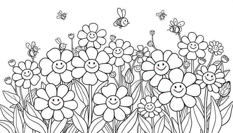 Placa de color de flores y abejas sonrientes