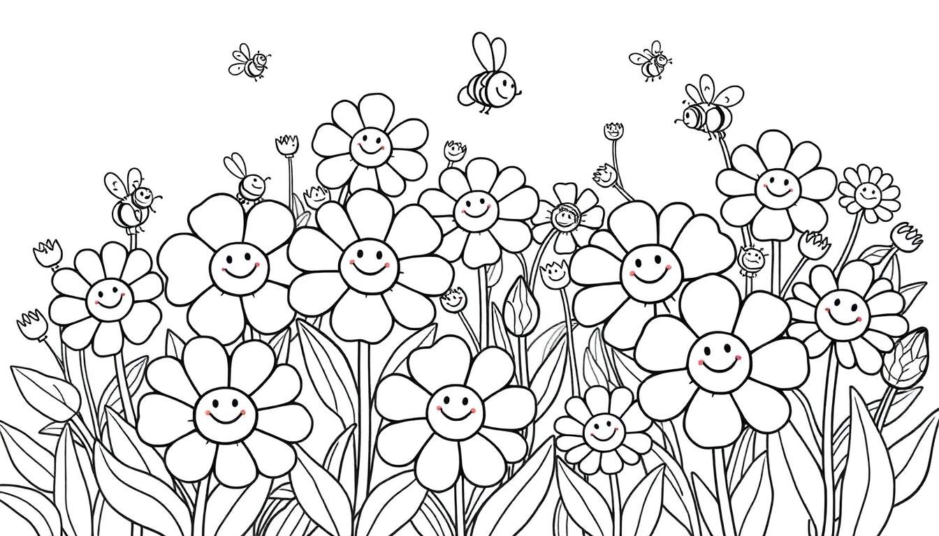 Placa de color de flores y abejas sonrientes
