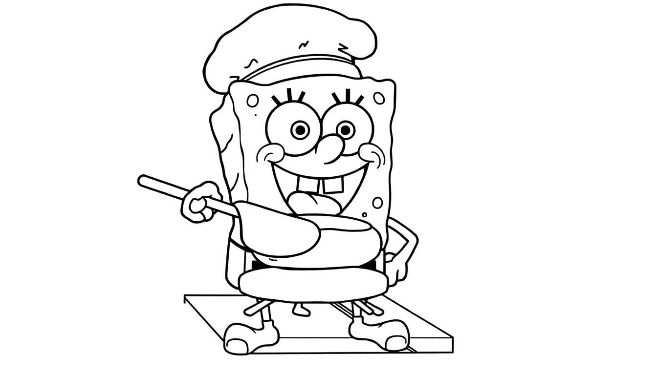 Bob Esponja, el chef, sonriendo mientras cocina con una espátula.