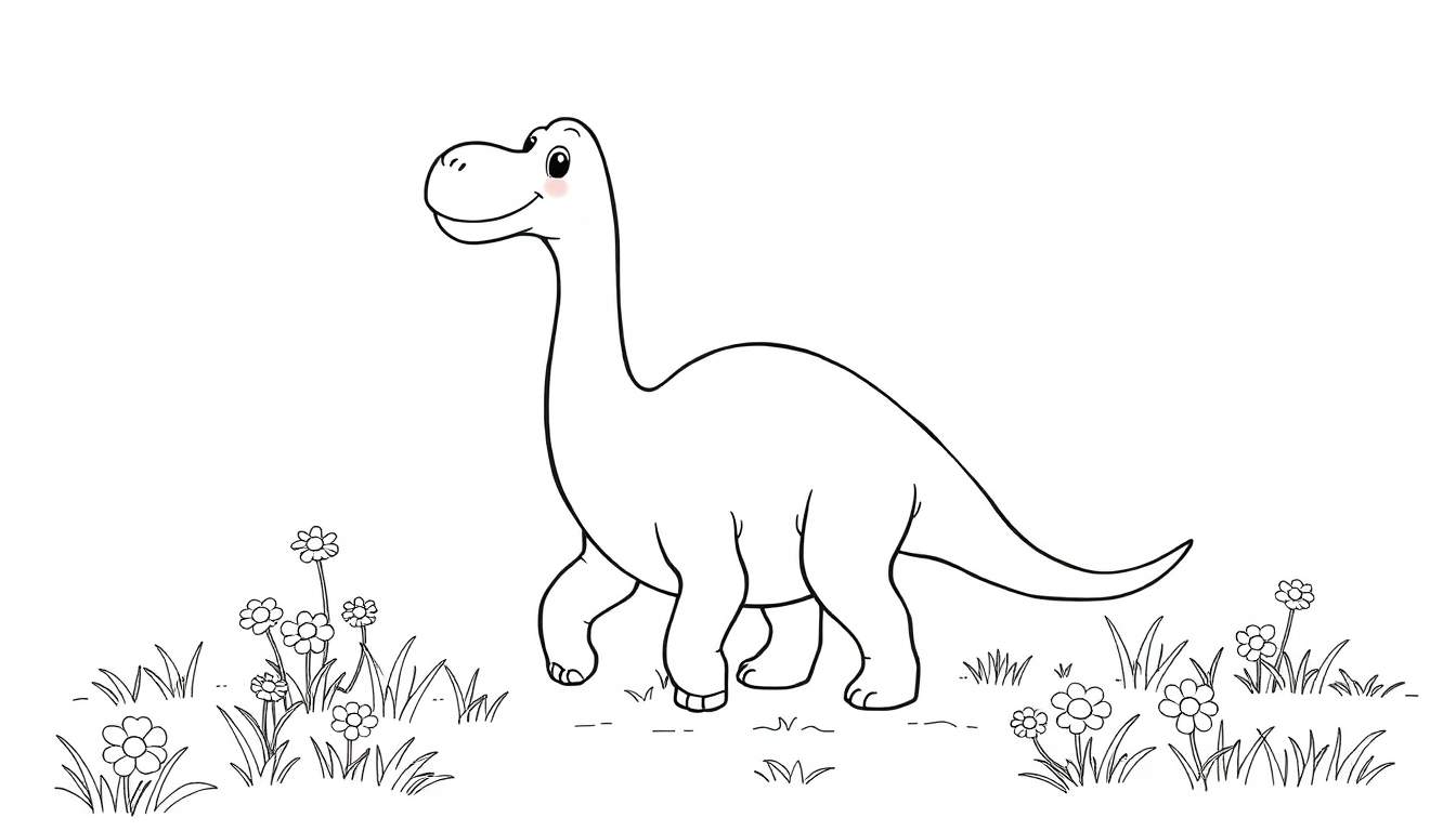 Un Diplodocus sonriente para colorear, con un diseño de placa de color.