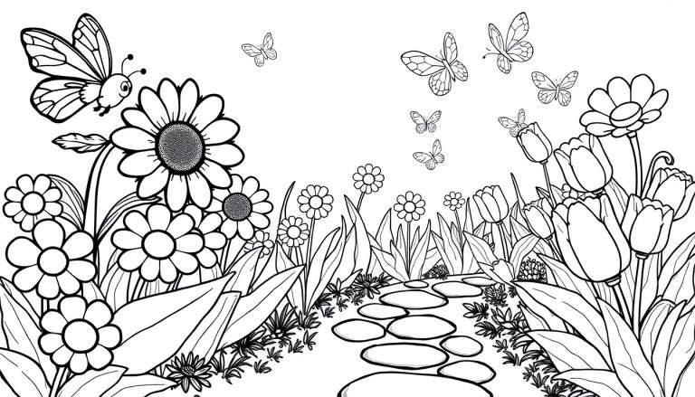 Placa de color de un jardín secreto con margaritas, tulipanes y mariposas.