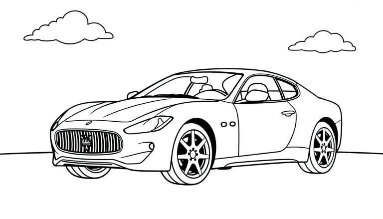 Un coche deportivo de Maserati listo para ser coloreado, con líneas gruesas y nubes amigables.