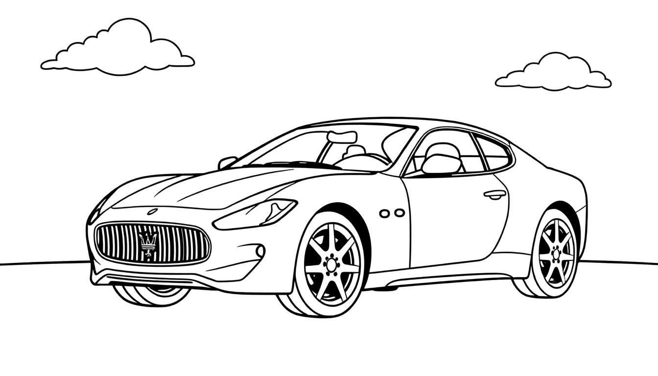Un coche deportivo de Maserati listo para ser coloreado, con líneas gruesas y nubes amigables.